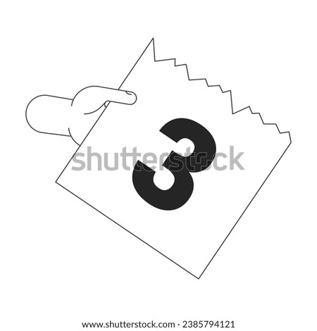 Tear-off calendar page day 3 cartoon human hand outline illustration. Holding calendar page 2D isolated black and white vector image. Ripped off note with number flat monochromatic drawing clip art