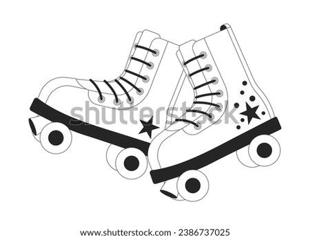Old fashioned roller skates 80s black and white 2D line cartoon object. Leisure activity 90s accessory isolated vector outline item. Trendy vintage footwear monochromatic flat spot illustration