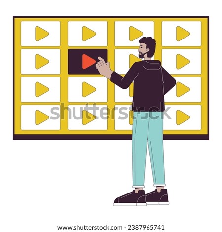 Streaming video service line cartoon flat illustration. Black man selecting channel on multimedia tv 2D lineart character isolated on white background. Video library scene vector color image