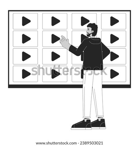 Streaming video service black and white cartoon flat illustration. Black man selecting channel on multimedia tv 2D lineart character isolated. Video library monochrome scene vector outline image