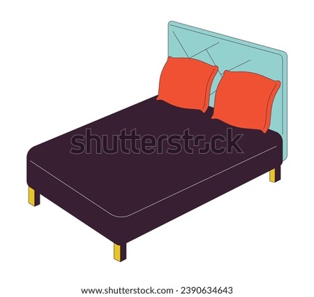Headboard double bed 2D linear cartoon object. Black sheets queen size bed isolated line vector element white background. Comfortable bedding furniture with red pillows color flat spot illustration