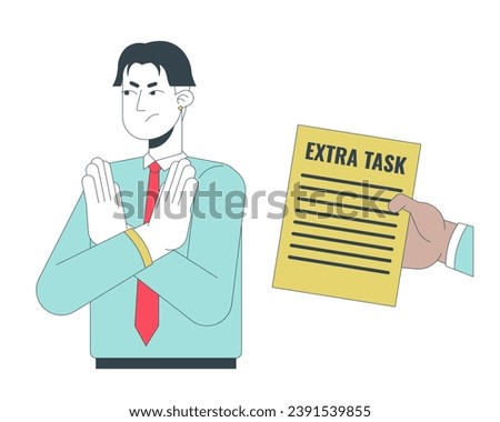 Rejecting extra task 2D linear illustration concept. Asian gen z employee refuses assignment from boss cartoon characters isolated on white. No enthusiasm metaphor abstract flat vector outline graphic