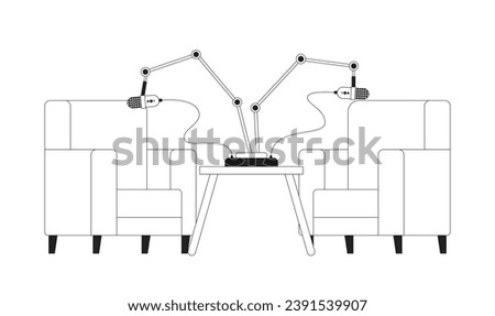 Studio recording room black and white 2D cartoon object. Podcast microphones two armchairs isolated vector outline item. Professional equipment interior monochromatic flat spot illustration
