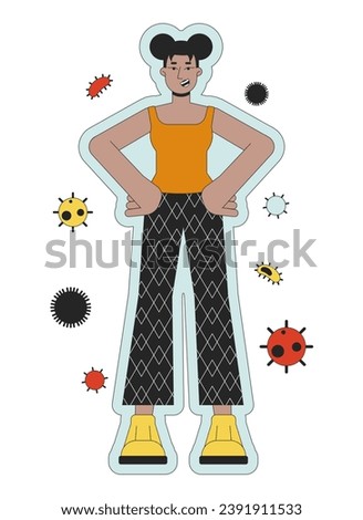 Enhancing immunity 2D linear illustration concept. Black woman healthy lifestyle cartoon character isolated on white. Immune protection against viruses metaphor abstract flat vector outline graphic