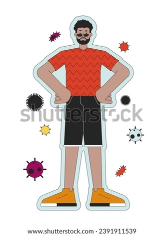 Boosting immune system 2D linear illustration concept. Black adult man resistant cartoon character isolated on white. Protection against influenza virus metaphor abstract flat vector outline graphic