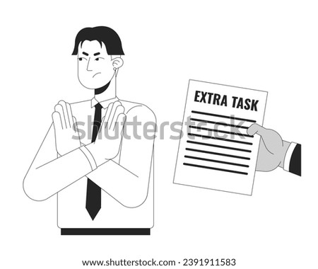 Rejecting extra task black and white 2D illustration concept. Gen z employee refuses assignment from boss cartoon outline characters isolated on white. No enthusiasm metaphor monochrome vector art