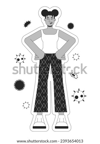 Enhancing immunity black and white 2D illustration concept. Black woman healthy lifestyle cartoon outline character isolated on white. Immune protection against viruses metaphor monochrome vector art