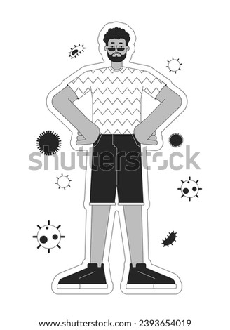 Boosting immune system black and white 2D illustration concept. Black adult man resistant cartoon outline character isolated on white. Protection against influenza virus metaphor monochrome vector art