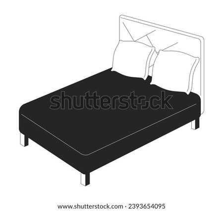 Headboard double bed black and white 2D line cartoon object. Black sheets queen size bed isolated vector outline item. Comfortable bedding furniture with pillows monochromatic flat spot illustration