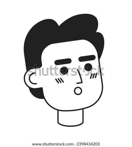 Latin american man wow astonished black and white 2D vector avatar illustration. Amazed male arab outline cartoon character face isolated. Singing open mouth flat user profile image, portrait