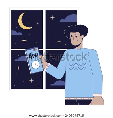 Time change cause depression line cartoon flat illustration. Hispanic man with low mood checking time on phone 2D lineart character isolated on white background. SAD cause scene vector color image