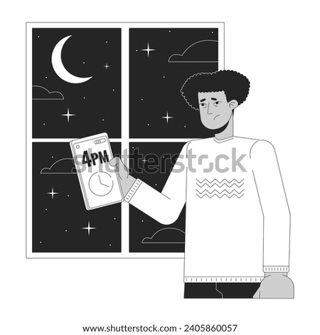 Time change cause depression black and white cartoon flat illustration. Hispanic man with low mood checking time on phone 2D lineart character isolated. SAD cause monochrome scene vector outline image
