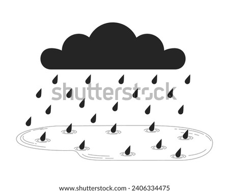 Rainy cloud falling raindrops black and white 2D line cartoon object. Storm bad weather downpour isolated vector outline item. Gloomy fall season. Autumn rainfall monochromatic flat spot illustration