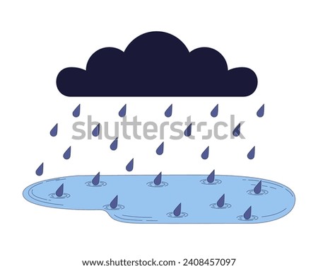 Rainy cloud falling raindrops 2D linear cartoon object. Storm bad weather downpour isolated line vector element white background. Gloomy fall season. Autumn rainfall color flat spot illustration