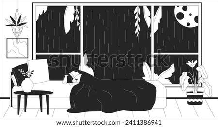 Dog sleeping in bed at night rainy outline 2D cartoon background. Sleepy puppy lifestyle linear vector illustration. Full moon nighttime window bedroom flat wallpaper art, monochromatic lofi image