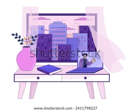 Cozy study space at window 2D linear cartoon object. Curtain blowing in wind, e learning laptop desk isolated line vector element white background. Afternoon city view color flat spot illustration