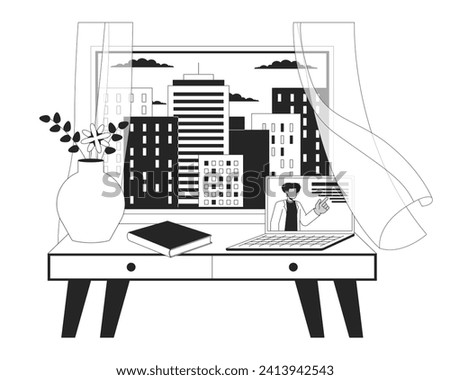 Cozy study space at window black and white 2D line cartoon object. Curtain blowing in wind, e learning laptop desk isolated vector outline item. Afternoon cityview monochromatic flat spot illustration