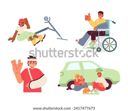 Happy accidents in daily life cartoon flat illustrations set. Diverse 2D characters isolated on white background. Keep positive attitude during recovery, trauma scenes vector color images collection