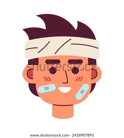 Bandage wrapped head man cheerful 2D vector avatar illustration. Asian patient band-aid cartoon character face portrait. Positive attitude flat color user profile image isolated on white background