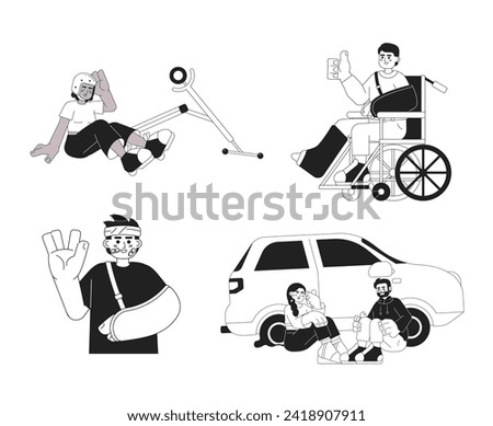 Happy accidents in daily life black and white cartoon flat illustrations set. Diverse linear 2D characters isolated. Keep positive attitude during trauma monochromatic scenes vector images collection