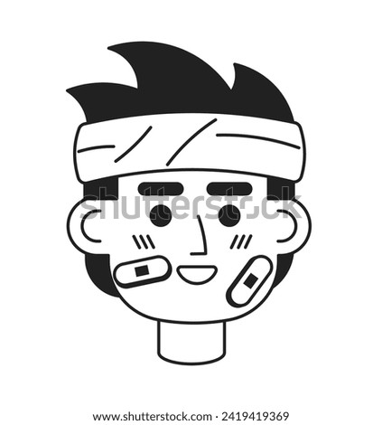 Bandage wrapped head man cheerful black and white 2D vector avatar illustration. Asian patient band-aid outline cartoon character face isolated. Positive attitude flat user profile image, portrait