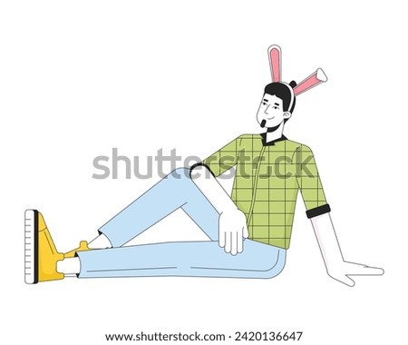 Relaxed caucasian man with rabbit ears 2D linear cartoon character. European guy Easter bunny ears isolated line vector person white background. Eastertime celebration color flat spot illustration