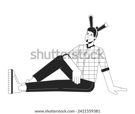 Relaxed caucasian man with rabbit ears black and white 2D line cartoon character. European guy Easter bunny ears isolated vector outline person. Eastertime monochromatic flat spot illustration