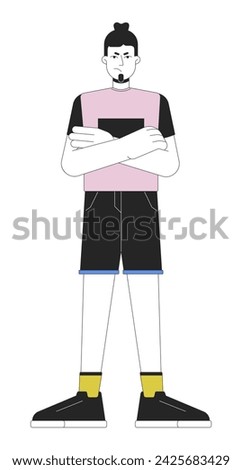 Woman angry arms crossed line cartoon flat illustration. Mad pouting adult male 2D lineart character isolated on white background. Emotional expressing, body language scene vector color image