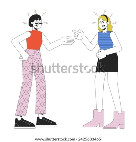 Two women confrontation line cartoon flat illustration. Girlfriends aggressive 2D lineart characters isolated on white background. Emotional expressing, body language scene vector color image