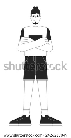 Woman angry arms crossed black and white cartoon flat illustration. Mad pouting adult male 2D lineart character isolated. Emotional expressing, body language monochrome scene vector outline image
