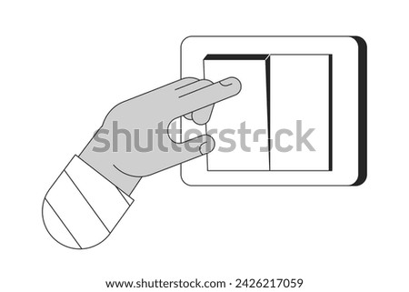 Turning off light on wall switch cartoon human hand outline illustration. Energy saving 2D isolated black and white vector image. Electricity switching finger flat monochromatic drawing clip art