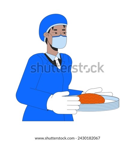 Black female food technologist 2D linear cartoon character. African american technician holding plate with raw meat isolated line vector person white background. Scientist color flat spot illustration