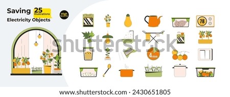 Conserving energy at household 2D linear cartoon objects bundle. Home appliances isolated line vector items white background. Saving on electric bills color flat spot illustration collection