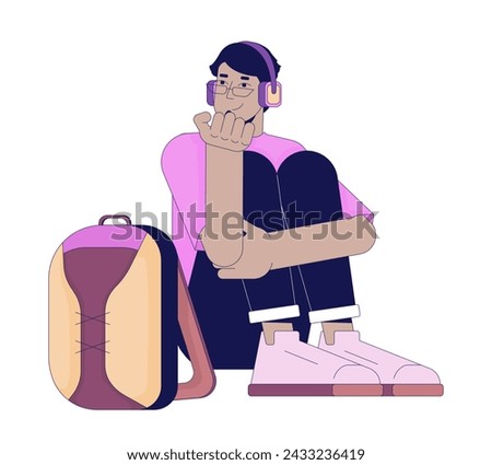 Middle eastern guy headphones sitting with backpack 2D linear cartoon character. Listening to music smiling student isolated line vector person white background. Introvert color flat spot illustration