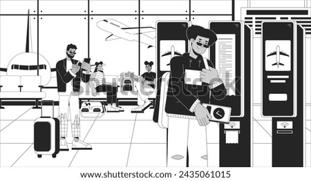 Airport passenger at self check in kiosk black and white line illustration. Waiting young adults 2D characters monochrome background. Travelers suitcases. Hallway terminal outline scene vector image