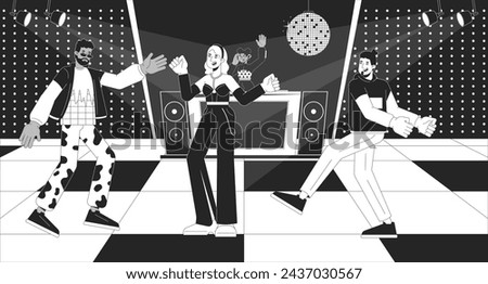 Disco party black and white line illustration. Retro style music. Happy friends dancing during dj set 2D characters monochrome background. Nightclub atmosphere outline scene vector image