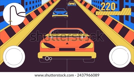 Car racing simulator game 2D linear illustration concept. Videogame controlling interface cartoon scene background. Computer game development metaphor abstract flat vector outline graphic