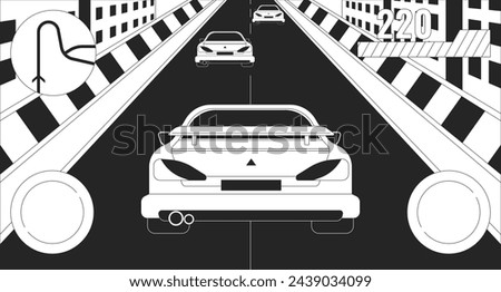 Car racing simulator game 2D linear illustration concept. Videogame controlling interface cartoon scene background. Computer game development metaphor abstract flat vector outline graphic