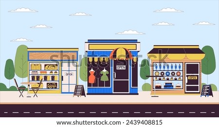 Small businesses line cartoon flat illustration. Visit local shops. Various stores on street 2D lineart scenery background. Goods and services from entrepreneurs scene vector color image