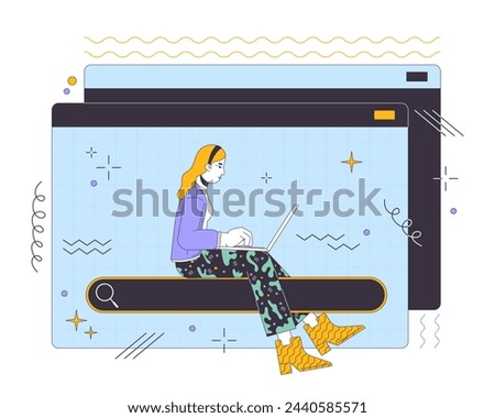 Seeking data online 2D linear illustration concept. Woman searching information via laptop cartoon character isolated on white. Web sources usage metaphor abstract flat vector outline graphic