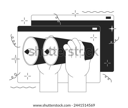 Web searching tool 2D linear illustration concept. Using binoculars to look at web pages cartoon outline character hands isolated on white. Online information metaphor monochrome vector art