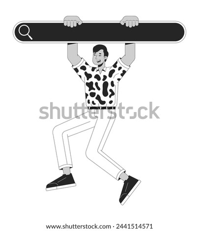 Easy web searching 2D linear illustration concept. Smiling user hanging on search field cartoon outline character isolated on white. Internet browser features metaphor monochrome vector art