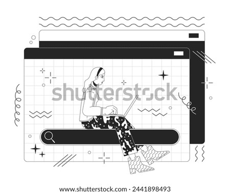 Seeking data online 2D linear illustration concept. Woman searching information via laptop cartoon outline character isolated on white. Web sources usage metaphor monochrome vector art