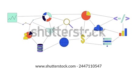 Analytics database management 2D linear cartoon object. Programming, chart graph, cloud technology isolated line vector element white background. Connected data analysis color flat spot illustration
