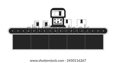 Production assembly line black and white 2D line cartoon object. Conveyor belt boxes isolated vector outline item. Industrial equipment. Factory industrial plant monochromatic flat spot illustration