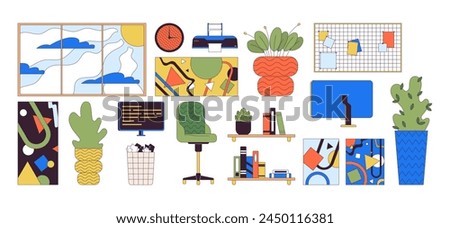 Office interior design details 2D linear cartoon objects set. Workplace essentials isolated line vector elements white background. Workspace maintaining color flat spot illustration collection