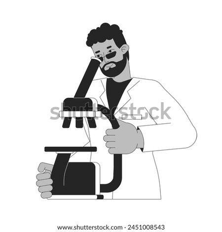 African american scientist looking in microscope black and white 2D line cartoon character. Male doctor studying sample isolated vector outline person. Researching monochromatic flat spot illustration