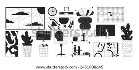 Office interior design details black and white 2D line cartoon object set. Workplace essentials isolated vector outline items collection. Workspace maintaining monochromatic flat spot illustrations