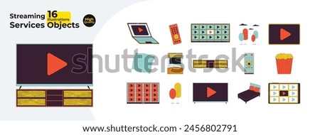 Streaming platform watching 2D linear cartoon objects bundle. Movie date night at home isolated line vector items white background. Gadgets video player color flat spot illustration collection
