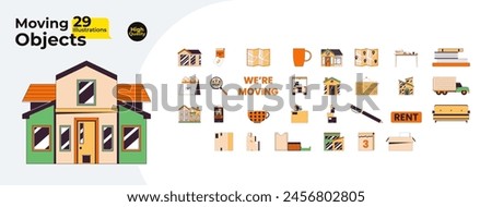 Renting moving in 2D linear cartoon objects bundle. Calendar tear off, house hunting, boxes isolated line vector items white background. Unpacking new home color flat spot illustration collection